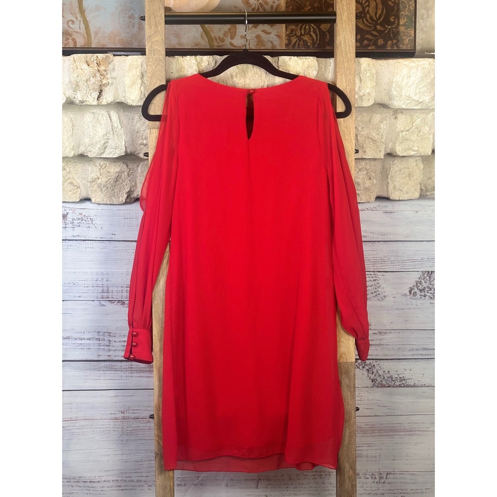 A Byer Red Open Slit Sheer Arm Long Sleeve Shift Mini Dress Womens XS - Picture 10 of 14